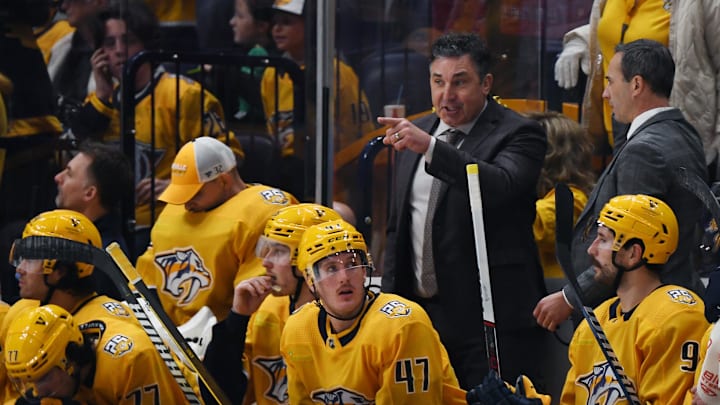 Nov 26, 2023; Nashville, Tennessee, USA; Nashville Predators head coach Andrew Brunette talks to