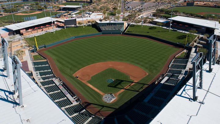 Aerial drone view of Salt River Fields at Talking Stick, Venue throughout the year  for Cactus League, Arizona Complex League,  Arizona Fall League, and various tournaments