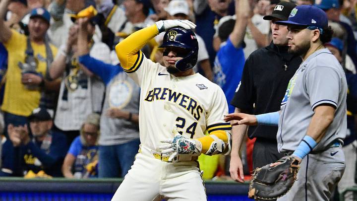 Oct 23, 2026; Milwaukee, Wisconsin, USA; Milwaukee Brewers catcher William Contreras (24) celebrates after hitting an RBI single against the Tampa Bay Rays during the first inning in game one of the 2026 World Series at American Family Field. Mandatory Credit: Benny Sieu-Imagn Images Oct 23, 2026; Milwaukee, Wisconsin, USA; Milwaukee Brewers catcher William Contreras (24) celebrates after hitting an RBI single against the Tampa Bay Rays during the first inning in game one of the 2026 World Series at American Family Field. Mandatory Credit: Benny Sieu-Imagn Images