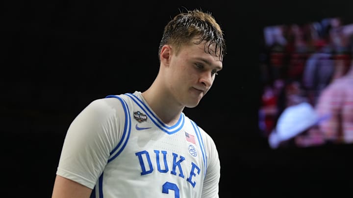 Apr 5, 2025; San Antonio, TX, USA; Duke Blue Devils forward Cooper Flagg (2) walks off the court after losing to the Houston Cougars in the semifinals of the men's Final Four of the 2025 NCAA Tournament at the Alamodome. Mandatory Credit: Robert Deutsch-Imagn Images Apr 5, 2025; San Antonio, TX, USA; Duke Blue Devils forward Cooper Flagg (2) walks off the court after losing to the Houston Cougars in the semifinals of the men's Final Four of the 2025 NCAA Tournament at the Alamodome. Mandatory Credit: Robert Deutsch-Imagn Images