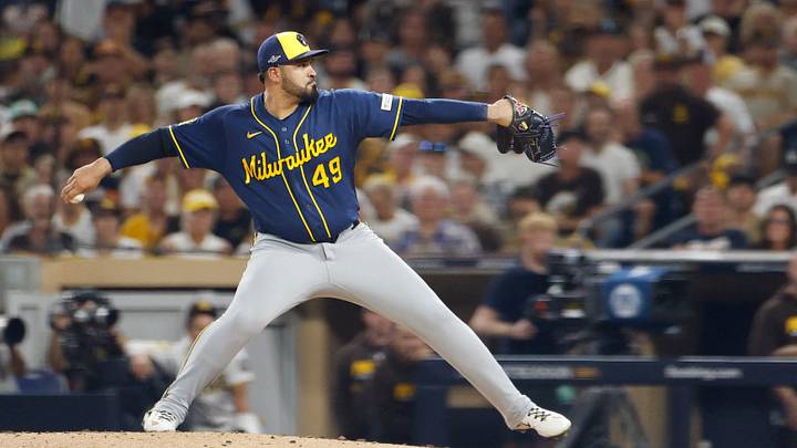 Oct 6, 2026; San Diego, California, USA; Milwaukee Brewers pitcher Antonio Senzatela (49) pitches during the fifth inning against the San Diego Padres in game three of the NLDS for the 2026 MLB Playoffs at Petco Park. Mandatory Credit: David Frerker-Imagn Images Oct 6, 2026; San Diego, California, USA; Milwaukee Brewers pitcher Antonio Senzatela (49) pitches during the fifth inning against the San Diego Padres in game three of the NLDS for the 2026 MLB Playoffs at Petco Park. Mandatory Credit: David Frerker-Imagn Images