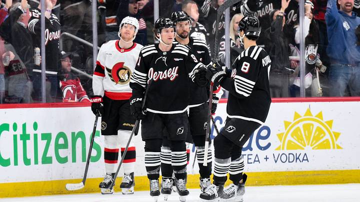 Apr 12, 2026; Newark, New Jersey, USA; New Jersey Devils center Dawson Mercer (91) celebrates with teammates after scoring a goal against the Ottawa Senators during the third period at Prudential Center. Mandatory Credit: John Jones-Imagn Images Apr 12, 2026; Newark, New Jersey, USA; New Jersey Devils center Dawson Mercer (91) celebrates with teammates after scoring a goal against the Ottawa Senators during the third period at Prudential Center. Mandatory Credit: John Jones-Imagn Images