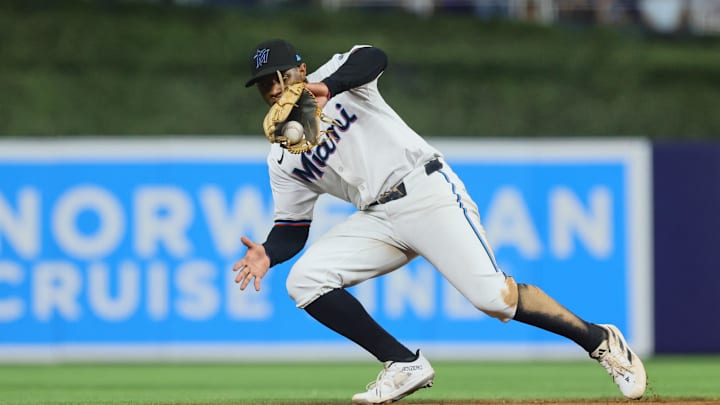 Sep 18, 2024; Miami, Florida, USA; Miami Marlins shortstop Xavier Edwards (63) catches a ground ball before throwing to first base to retire Los Angeles Dodgers left fielder Chris Taylor (not pictured) during the sixth inning at loanDepot Park. Mandatory Credit: Sam Navarro-Imagn Images