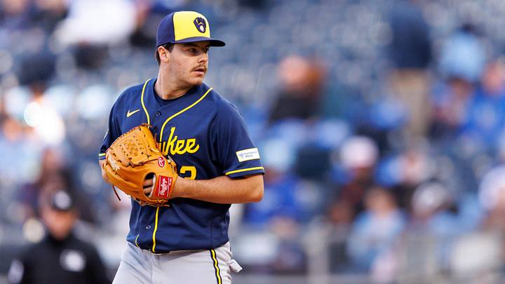 Apr 4, 2026; Kansas City, Missouri, USA; Milwaukee Brewers pitcher Logan Henderson (43) pitches during the first inning against the Kansas City Royals at Kauffman Stadium. Mandatory Credit: William Purnell-Imagn Images Apr 4, 2026; Kansas City, Missouri, USA; Milwaukee Brewers pitcher Logan Henderson (43) pitches during the first inning against the Kansas City Royals at Kauffman Stadium. Mandatory Credit: William Purnell-Imagn Images