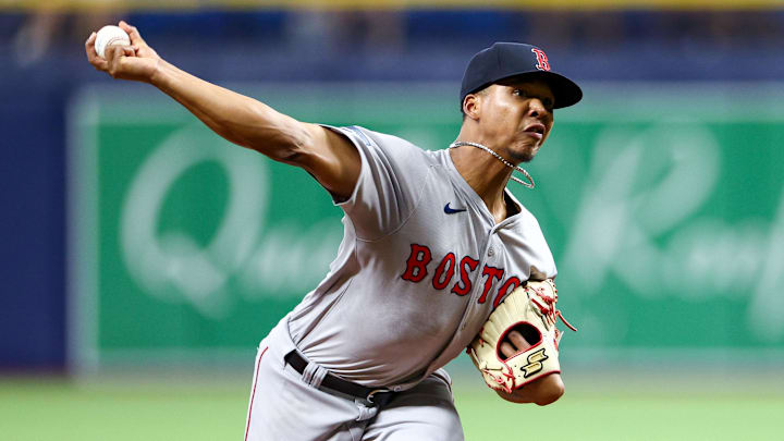 St. Petersburg, Florida, USA; Boston Red Sox pitcher Brayan Bello (66) throws a pitch against the Tampa Bay Rays in the second inning at Tropicana Field.
