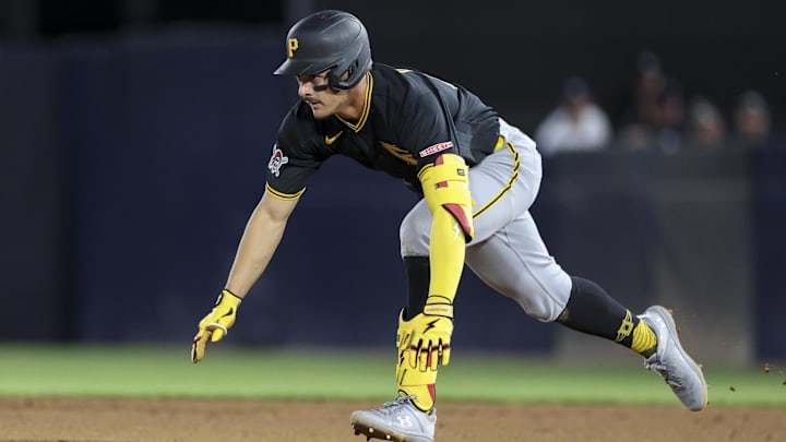 Mar 9, 2026; Tampa, Florida, USA; Pittsburgh Pirates shortstop Konnor Griffin (75) runs to second base on a two-rbi double against the New York Yankees in the fifth inning during spring training at George M. Steinbrenner Field. Mandatory Credit: Nathan Ray Seebeck-Imagn Images