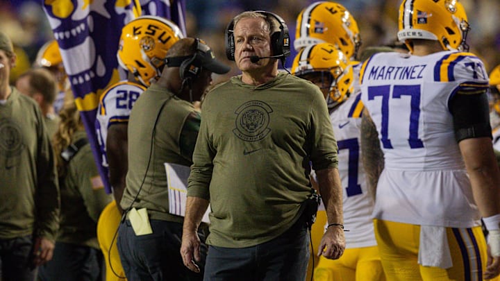 Nov 11, 2023; Baton Rouge, Louisiana, USA;  LSU Tigers head coach Brian Kelly looks on against the
