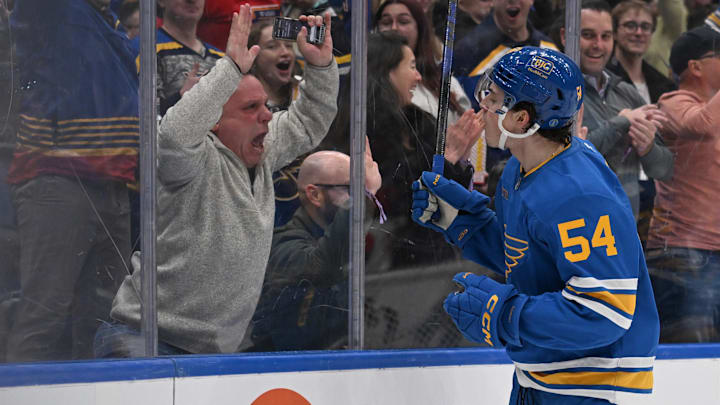 Jan 13, 2026; St. Louis, Missouri, USA; St. Louis Blues right wing Dalibor Dvorsky (54) celebrates after scoring a goal against the Carolina Hurricanes in the second period at Enterprise Center. Mandatory Credit: Joe Puetz-Imagn Images