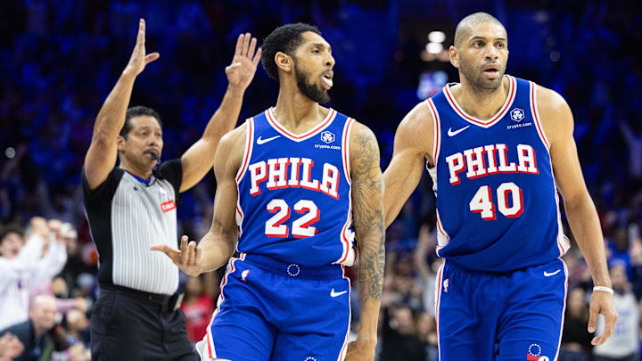 Apr 17, 2024; Philadelphia, Pennsylvania, USA; Philadelphia 76ers guard Cameron Payne (22) reacts Apr 17, 2024; Philadelphia, Pennsylvania, USA; Philadelphia 76ers guard Cameron Payne (22) reacts