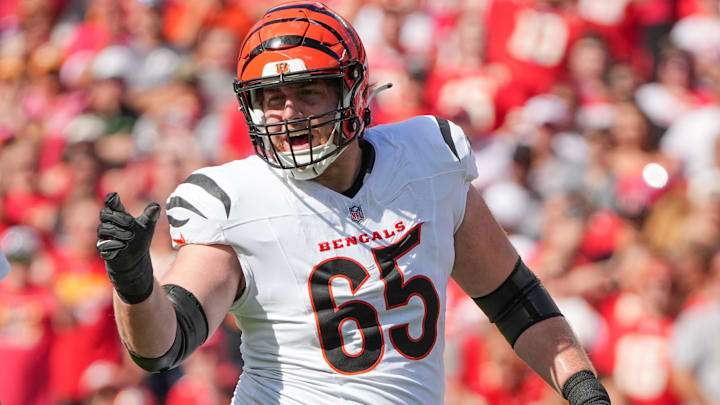 Sep 15, 2024; Kansas City, Missouri, USA; Cincinnati Bengals guard Alex Cappa (65) on the line of scrimmage against the Kansas City Chiefs during the game at GEHA Field at Arrowhead Stadium. Mandatory Credit: Denny Medley-Imagn Images Sep 15, 2024; Kansas City, Missouri, USA; Cincinnati Bengals guard Alex Cappa (65) on the line of scrimmage against the Kansas City Chiefs during the game at GEHA Field at Arrowhead Stadium. Mandatory Credit: Denny Medley-Imagn Images