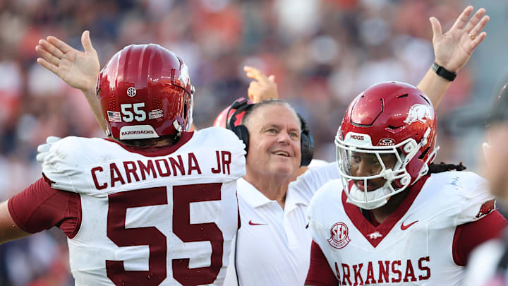 Arkansas Razorbacks head coach Sam Pittman celebrates a touchdown late in the fourth quarter against the Auburn Tigers at Jordan-Hare Stadium.