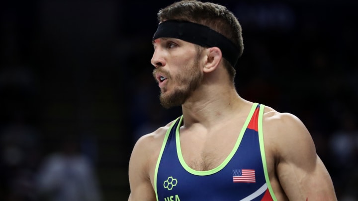 Zain Retherford walks onto the mat for a 65 kg freestyle match at the 2024 U.S. Olympic Wrestling Team Trials. Zain Retherford walks onto the mat for a 65 kg freestyle match at the 2024 U.S. Olympic Wrestling Team Trials.