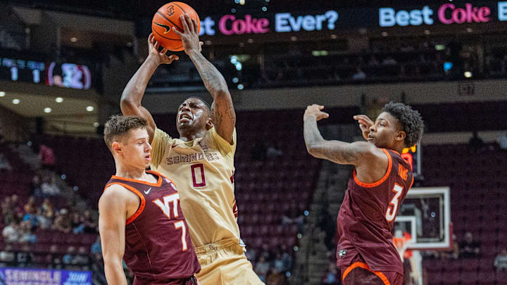 Florida State Seminoles guard Chandler Jackson (0) shoots for two. The Florida State Seminoles hosted the Virginia Tech Hokies for a menÕs basketball game Wednesday, Jan. 29, 2025.
