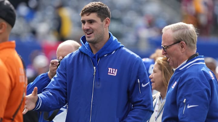 East Rutherford, NJ â€” October 22, 2023 -- Giants quarterback, Daniel Jones and owner John Mara on
