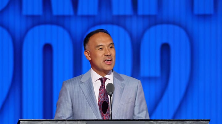Jun 23, 2022; Brooklyn, NY, USA; NBA deputy commissioner Mark Tatum speaks before the second round