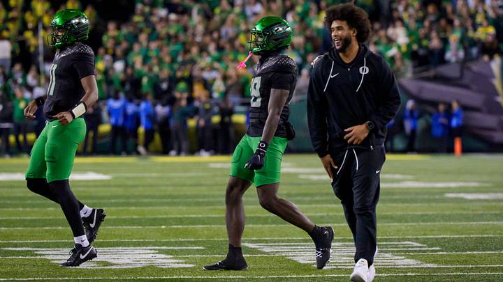 Oregon Ducks quarterback Dante Moore celebrates as the Oregon Ducks host the Nebraska Cornhuskers on Oct. 17, 2026, at Autzen Stadium in Eugene, Oregon.