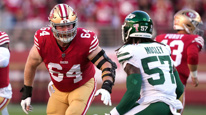 Sep 9, 2024; Santa Clara, California, USA; San Francisco 49ers center Jake Brendel (64) blocks New York Jets linebacker C.J. Mosley (57) during the first quarter at Levi's Stadium. Mandatory Credit: Darren Yamashita-Imagn Images