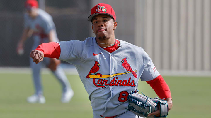 Feb 16, 2026; Jupiter, FL, USA;  St. Louis Cardinals pitcher Jurrangelo Cijntje throws the ball during spring training workouts at Roger Dean Stadium. Mandatory Credit: Reinhold Matay-Imagn Images