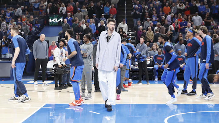 Dec 31, 2024; Oklahoma City, Oklahoma, USA; Oklahoma City Thunder forward Chet Holmgren (7) before the start of a game against the Minnesota Timberwolves at Paycom Center. Mandatory Credit: Alonzo Adams-Imagn Images