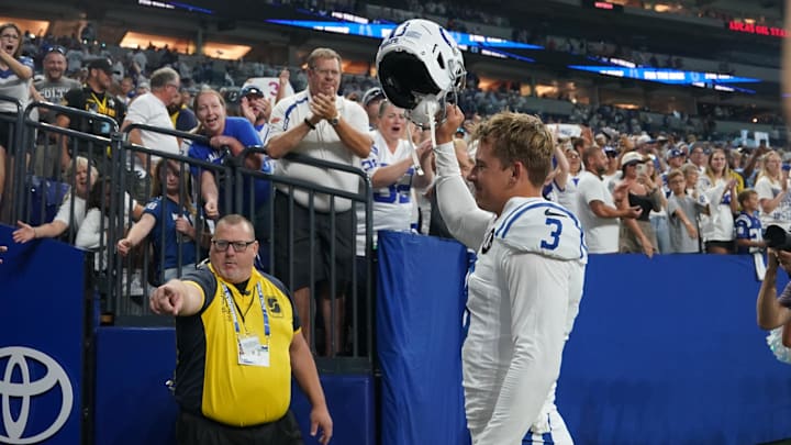 Sep 14, 2025; Indianapolis, Indiana, USA; Indianapolis Colts place kicker Spencer Shrader (3) celebrates the win against the Denver Broncos at Lucas Oil Stadium. Mandatory Credit: Robert Goddin-Imagn Images