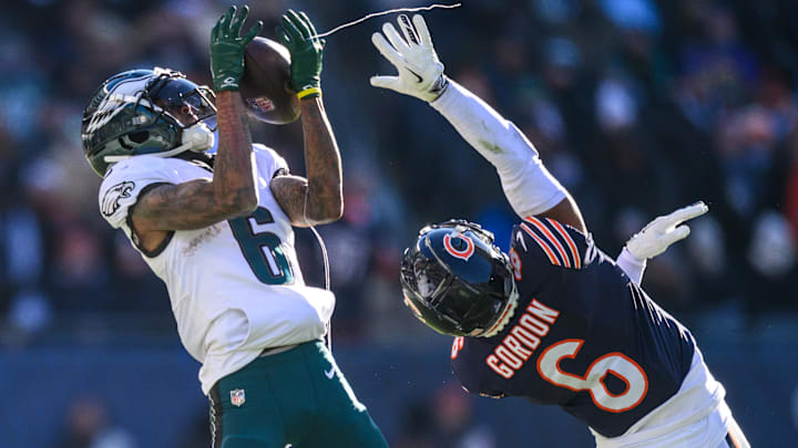 Eagles wide receiver DeVonta Smith makes a catch over Bears cornerback Kyler Gordon in Philadelphia's 2022 victory. Eagles wide receiver DeVonta Smith makes a catch over Bears cornerback Kyler Gordon in Philadelphia's 2022 victory.