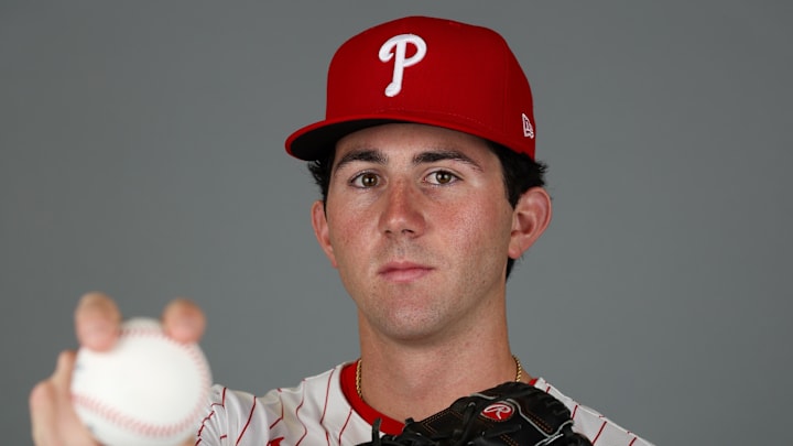 Philadelphia Phillies pitcher Andrew Painter (76) participates in media day at BayCare Ballpark on Feb. 20.
