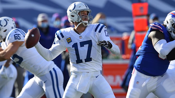 Jan 9, 2021; Orchard Park, New York, USA; Indianapolis Colts quarterback Philip Rivers (17) throws against the Buffalo Bills during the first half in the AFC Wild Card game at Bills Stadium. Mandatory Credit: Rich Barnes-Imagn Images Jan 9, 2021; Orchard Park, New York, USA; Indianapolis Colts quarterback Philip Rivers (17) throws against the Buffalo Bills during the first half in the AFC Wild Card game at Bills Stadium. Mandatory Credit: Rich Barnes-Imagn Images