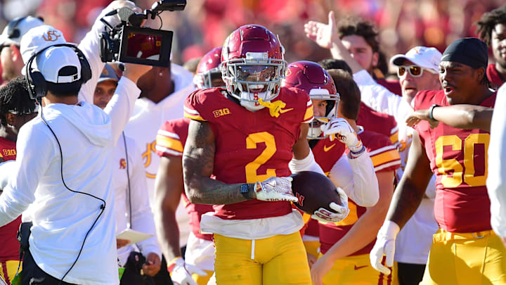 Nov 16, 2024; Los Angeles, California, USA; Southern California Trojans cornerback Jaylin Smith (2) reacts after intercepting a pass against the Nebraska Cornhuskers during the first half at the Los Angeles Memorial Coliseum. Mandatory Credit: Gary A. Vasquez-Imagn Images