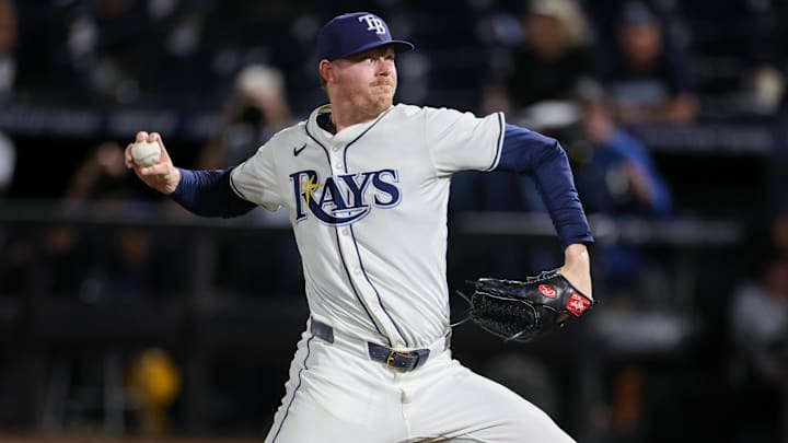 Sep 4, 2025; Tampa, Florida, USA; Tampa Bay Rays pitcher Pete Fairbanks (29) throws a pitch against the Cleveland Guardians in the ninth inning at George M. Steinbrenner Field. 
