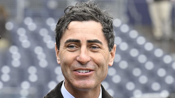 Mar 27, 2025; San Diego, California, USA; San Diego Padres general manager A.J. Preller looks on before an Opening Day baseball game between the San Diego Padres and the Atlanta Braves at Petco Park. Mandatory Credit: Denis Poroy-Imagn Images
