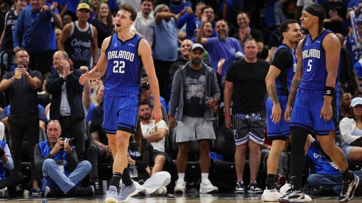 Apr 27, 2024; Orlando, Florida, USA; Orlando Magic forward Franz Wagner (22) reacts after a basket. Apr 27, 2024; Orlando, Florida, USA; Orlando Magic forward Franz Wagner (22) reacts after a basket.