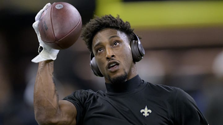 Oct 1, 2023; New Orleans, Louisiana, USA; New Orleans Saints wide receiver Michael Thomas (13) warms up before a game against the Tampa Bay Buccaneers at the Caesars Superdome. Mandatory Credit: Matthew Hinton-Imagn Images
