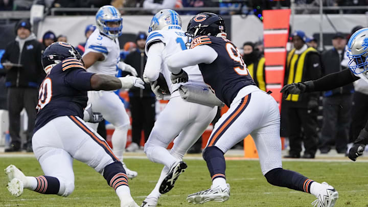 Grady Jarrett gets a sack of Jared Goff. The pass rush needs improvement, but so does the run defense.