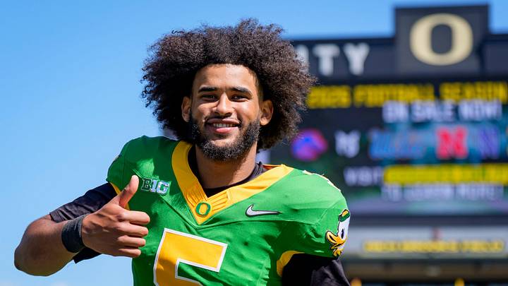 Oregon quarterback Dante Moore walks off the field during the Oregon Ducks annual spring game on April 25, 2026 at Autzen Stadium in Eugene, Oregon.