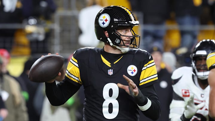 Jan 12, 2026; Pittsburgh, PA, USA; Pittsburgh Steelers quarterback Aaron Rodgers (8) looks to throw during the second half of an AFC Wild Card Round game against the Houston Texans at Acrisure Stadium. Mandatory Credit: Charles LeClaire-Imagn Images
