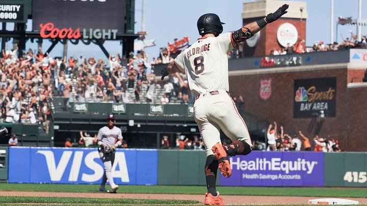 Jun 10, 2026; San Francisco, California, USA; San Francisco Giants designated hitter Bryce Eldrige (8) rounds the bases on a walk-off grand slam for a win against the Washington Nationals during the ninth inning at Oracle Park. Mandatory Credit: Kelley L Cox-Imagn Images