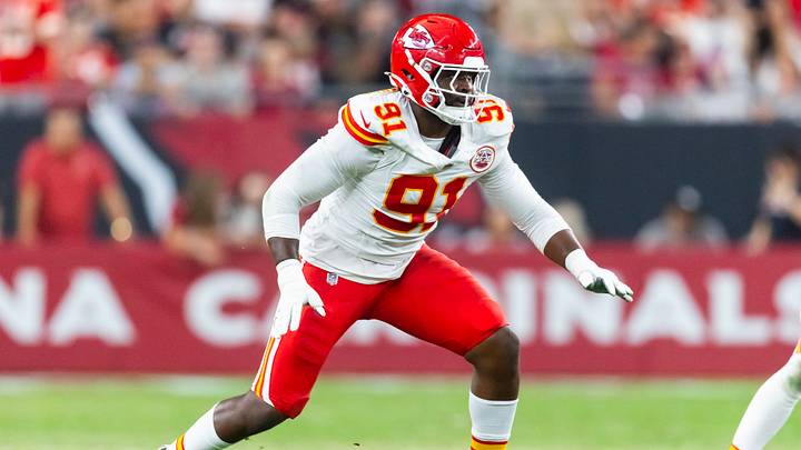 Aug 9, 2025; Glendale, Arizona, USA; Kansas City Chiefs defensive end Felix Anudike-Uzomah (91) against the Arizona Cardinals during a preseason NFL game at State Farm Stadium. Mandatory Credit: Mark J. Rebilas-Imagn Images