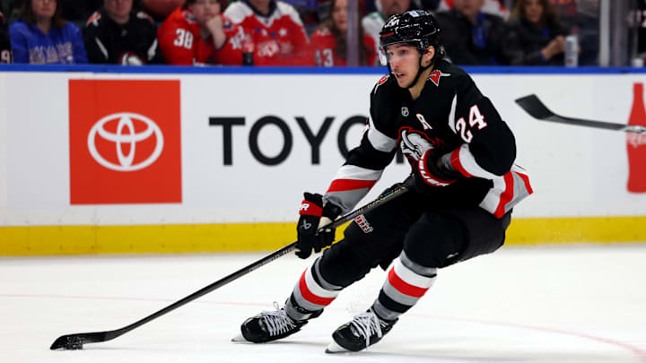 Jan 6, 2025; Buffalo, New York, USA;  Buffalo Sabres center Dylan Cozens (24) looks to take a shot on goal during the second period against the Washington Capitals at KeyBank Center. Mandatory Credit: Timothy T. Ludwig-Imagn Images