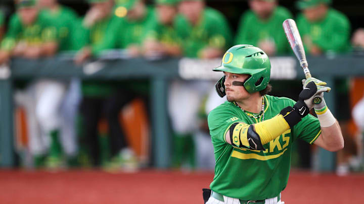 Oregon outfielder Mason Neville (26) prepares to bat during the game against Oregon State on Tuesday, April 29, 2025 at Goss Stadium in Corvallis, Ore. Oregon outfielder Mason Neville (26) prepares to bat during the game against Oregon State on Tuesday, April 29, 2025 at Goss Stadium in Corvallis, Ore.