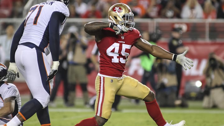Aug 19, 2017; Santa Clara, CA, USA; San Francisco 49ers outside linebacker Pita Taumoepenu (45) celebrates after sacking Denver Broncos quarterback Kyle Sloter (1) during the second half  at Levi's Stadium. Mandatory Credit: Sergio Estrada-Imagn Images