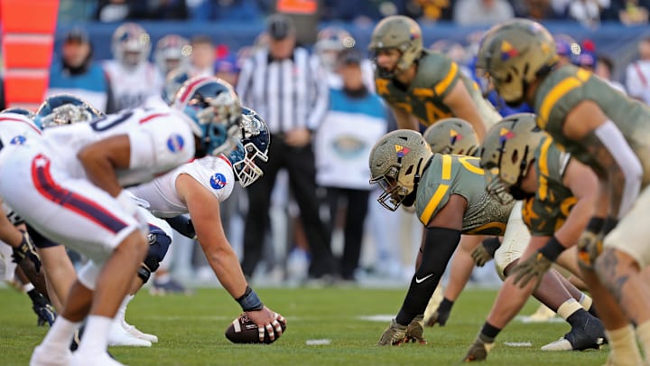 Dec 10, 2022; Philadelphia, Pennsylvania, USA; Army and Navy line up for a snap during the first