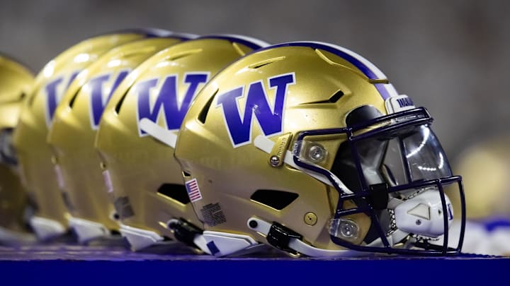 Jan 8, 2024; Houston, TX, USA; Detailed view of Washington Huskies helmet during the 2024 College Football Playoff national championship game at NRG Stadium. Mandatory Credit: Mark J. Rebilas-Imagn Images
