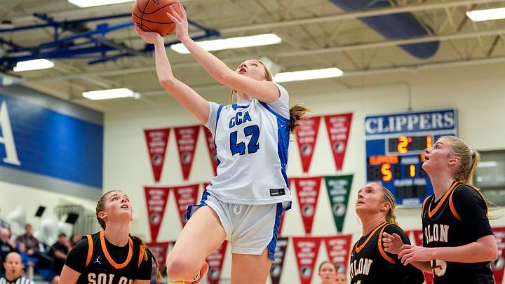 Clear Creek Amana’s Bailey Simpson (42) drives to the basketball Dec. 5, 2025 during a girls basketball game against the Solon Spartans in Tiffin, Iowa. Clear Creek Amana’s Bailey Simpson (42) drives to the basketball Dec. 5, 2025 during a girls basketball game against the Solon Spartans in Tiffin, Iowa.