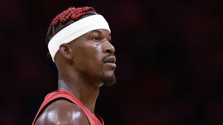 Nov 24, 2024; Miami, Florida, USA;  Miami Heat forward Jimmy Butler (22) stands on the court during a timeout against the Dallas Mavericks during the second half at Kaseya Center. Mandatory Credit: Rhona Wise-Imagn Images