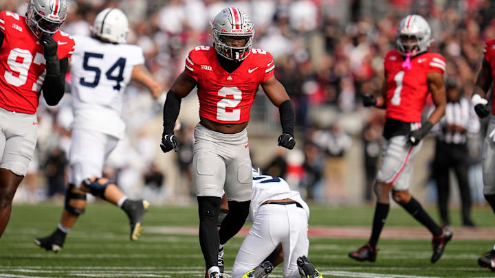 Ohio State Buckeyes defensive back Caleb Downs (2) celebrates during the NCAA football game against the Penn State Nittany Lions at Ohio Stadium in Columbus on Nov. 1, 2025. Ohio State Buckeyes defensive back Caleb Downs (2) celebrates during the NCAA football game against the Penn State Nittany Lions at Ohio Stadium in Columbus on Nov. 1, 2025.