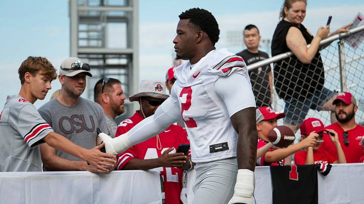 Ohio State Buckeyes defensive end Kenyatta Jackson Jr. (2) takes the field during the first practice of training camp at the Woody Hayes Athletic Center in Columbus on Aug. 6, 2026.