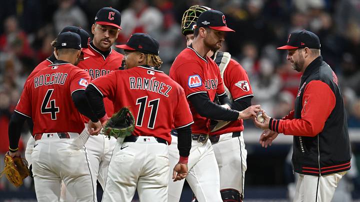 Oct 17, 2026: Cleveland Guardians manager Stephen Vogt (12) takes the ball from pitcher Foster Griffin (22) during the fifth inning against the Tampa Bay Rays in game four of the ALCS for the 2026 MLB Playoffs at Progressive Field. Credit: Ken Blaze-Imagn Images