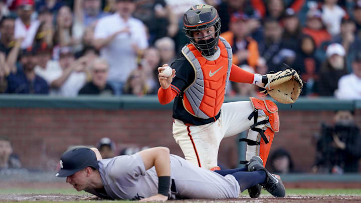 San Francisco Giants catcher Patrick Bailey (14) holds onto the ball