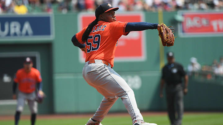 Aug 3, 2025; Boston, Massachusetts, USA; Houston Astros starting pitcher Framber Valdez (59) pitches during the first inning against the Boston Red Sox at Fenway Park. Aug 3, 2025; Boston, Massachusetts, USA; Houston Astros starting pitcher Framber Valdez (59) pitches during the first inning against the Boston Red Sox at Fenway Park.