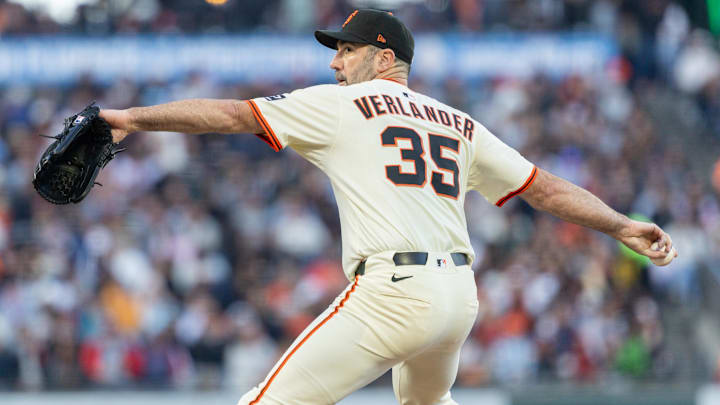 Jun 18, 2025; San Francisco, California, USA; San Francisco Giants pitcher Justin Verlander (35) throws a pitch during the fourth inning against the Cleveland Guardians at Oracle Park.